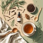 „Natürliche Heilkräuter, Tinkturflasche und Kräutertee auf Leinentuch – symbolisch für sanfte Parasitenbehandlung mit pflanzlichen Mitteln“