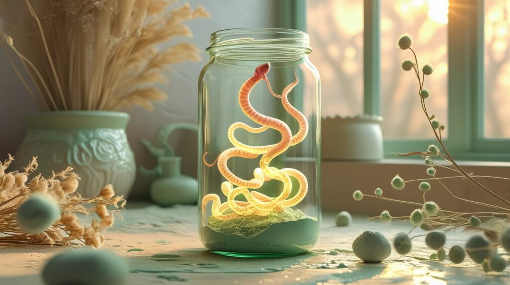 Gläserne Aufbewahrungsdose mit transparenten Würmern in Pastellgrün und Beige, natürliche Holzoberfläche im Hintergrund, Illustration im warmen Cottagecore-Stil