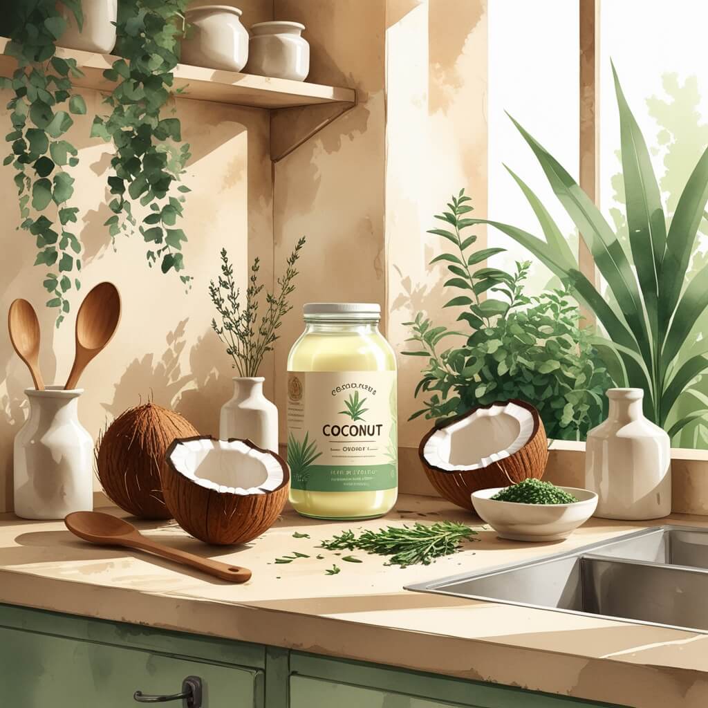 "Bio Kokosöl im Glas mit frischen Kokosnusshälften und Holzutensilien auf rustikalem Küchentisch - natürliche Pastellfarben in Beige und Grün"